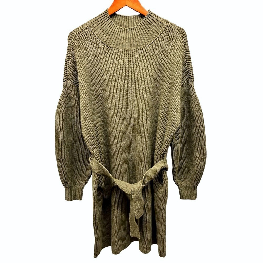 Anthropologie Ribbed Knit Sweater Dress Womens M Green Belted Mock Neck Cozy